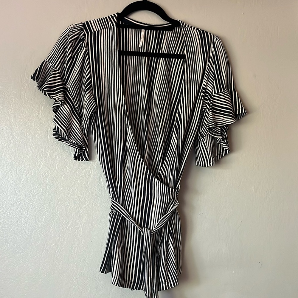 Free people Striped Wrap Top M Navy and Cream Butterfly Sleeve